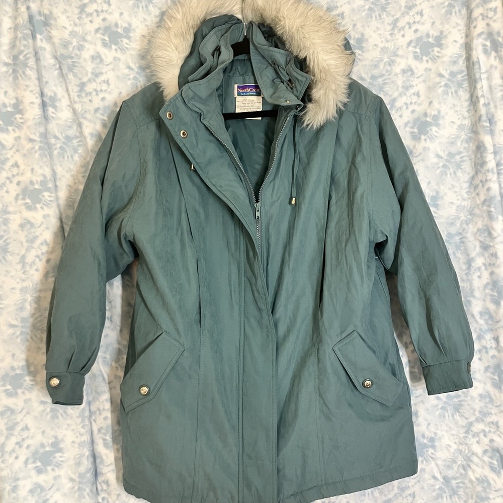 NorthCrest Vintage Coat Parka Womens M Faux Fur Hood Golden Buttons‎ Winter
